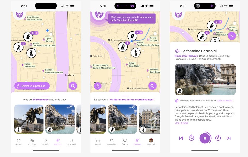 Écrans de l’application de visite Le Murmure des statues